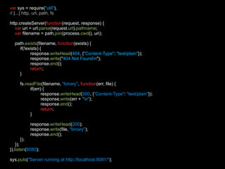 var  sys = require( &quot;util&quot; ), // [...] http, url, path, fs http.createServer( function (request, response) { var  uri = url. parse (request. url ). pathname ; var  filename = path. join (process. cwd (), uri); path. exists (filename,  function (exists) { if(!exists) { response. writeHead ( 404 , { &quot;Content-Type&quot; :  &quot;text/plain&quot; }); response. write (&quot; 404 Not Found\n &quot;); response. end (); return ; } fs. readFile (filename,  &quot;binary&quot; ,  function (err, file) { if(err) { response. writeHead ( 500 , { &quot;Content-Type&quot; :  &quot;text/plain&quot; }); response. write (err +  &quot;\n&quot; ); response. end (); return ; } response. writeHead ( 200 ); response. write (file,  &quot;binary&quot; ); response. end (); }); }); }). listen ( 8080 ); sys. puts ( &quot;Server running at http://localhost:8081/&quot; ); 