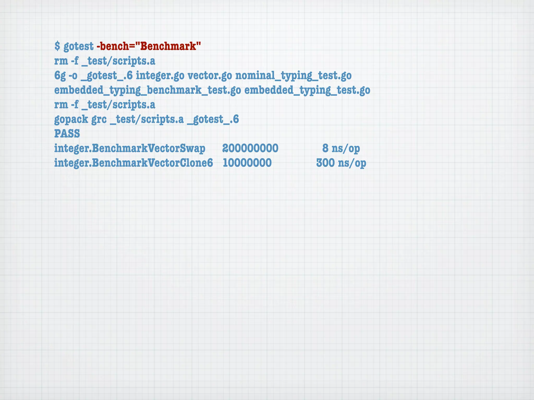 $ gotest -bench="Benchmark"
rm -f _test/scripts.a
6g -o _gotest_.6 integer.go vector.go nominal_typing_test.go
embedded_typing_benchmark_test.go embedded_typing_test.go
rm -f _test/scripts.a
gopack grc _test/scripts.a _gotest_.6
PASS
integer.BenchmarkVectorSwap	 200000000	               8 ns/op
integer.BenchmarkVectorClone6	 10000000	             300 ns/op
 
