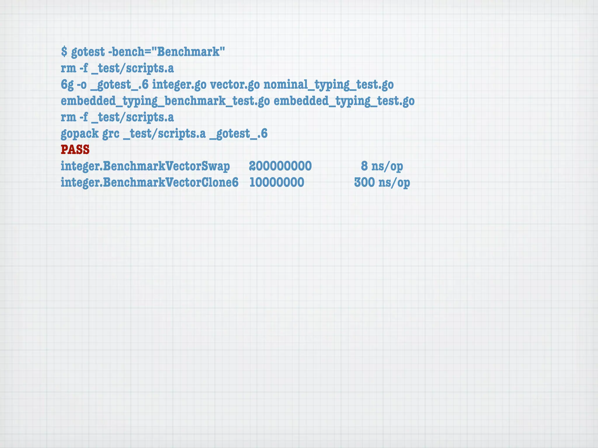 $ gotest -bench="Benchmark"
rm -f _test/scripts.a
6g -o _gotest_.6 integer.go vector.go nominal_typing_test.go
embedded_typing_benchmark_test.go embedded_typing_test.go
rm -f _test/scripts.a
gopack grc _test/scripts.a _gotest_.6
PASS
integer.BenchmarkVectorSwap	 200000000	               8 ns/op
integer.BenchmarkVectorClone6	 10000000	             300 ns/op
 