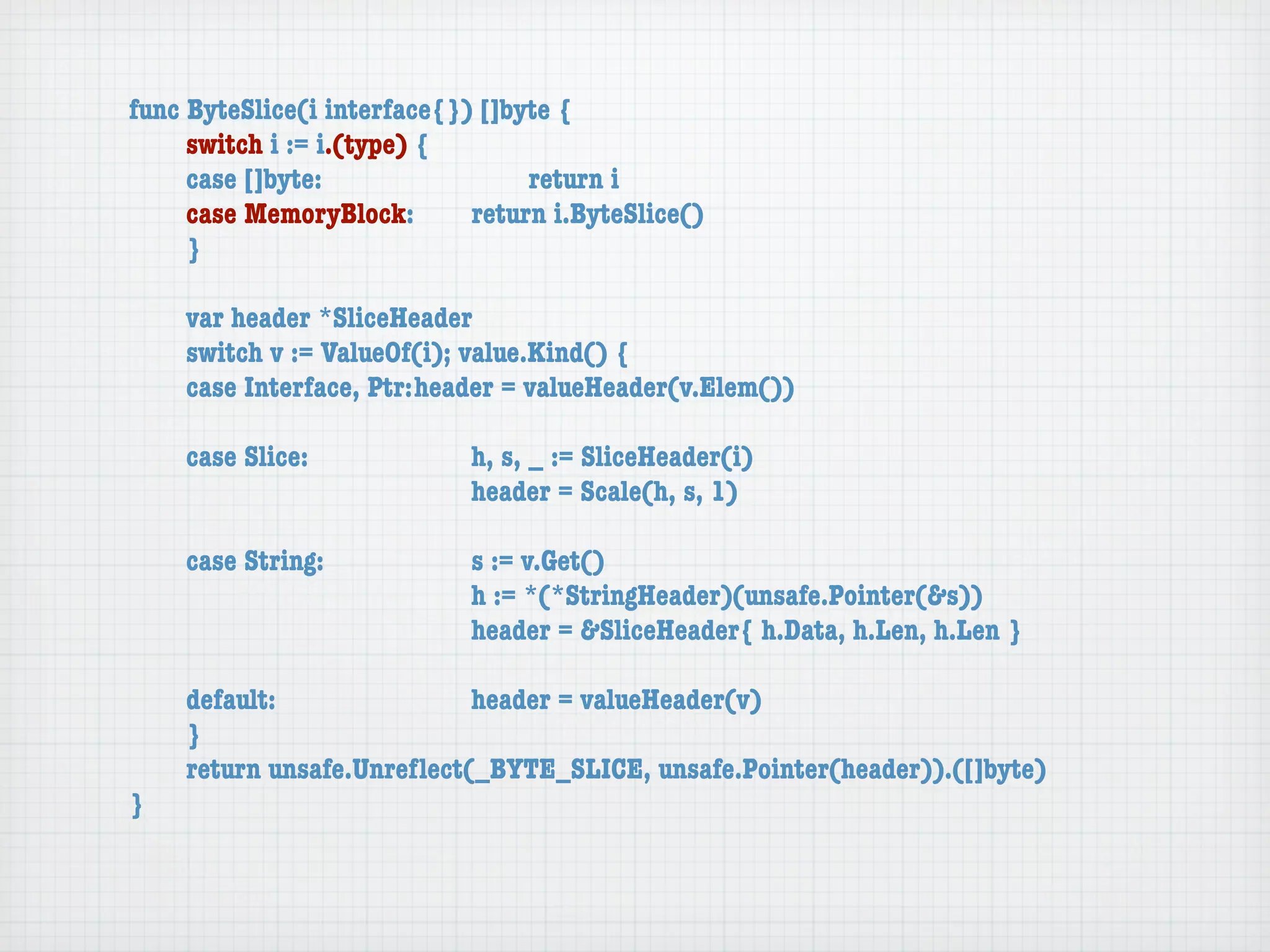 func ByteSlice(i interface{}) []byte {
	    switch i := i.(type) {
	    case []byte:	 	      	  	    return i
	    case MemoryBlock:	   	  return i.ByteSlice()
	    }

	   var header *SliceHeader
	   switch v := ValueOf(i); value.Kind() {
	   case Interface, Ptr:	header = valueHeader(v.Elem())

	   case Slice:	   	    	    h, s, _ := SliceHeader(i)
	   	    	    	    	    	    header = Scale(h, s, 1)

	   case String:	 	     	    s := v.Get()
	   	    	    	   	     	    h := *(*StringHeader)(unsafe.Pointer(&s))
	   	    	    	   	     	    header = &SliceHeader{ h.Data, h.Len, h.Len }

	   default:	 	   	   	    header = valueHeader(v)
	   }
	   return unsafe.Unreﬂect(_BYTE_SLICE, unsafe.Pointer(header)).([]byte)
}
 