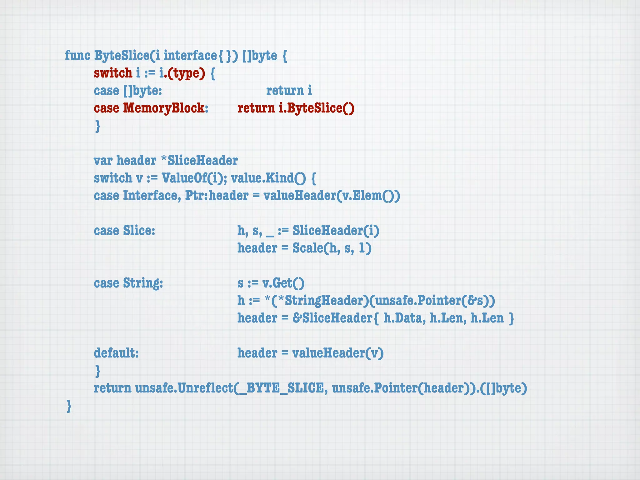 func ByteSlice(i interface{}) []byte {
	    switch i := i.(type) {
	    case []byte:	 	      	  	    return i
	    case MemoryBlock:	   	  return i.ByteSlice()
	    }

	   var header *SliceHeader
	   switch v := ValueOf(i); value.Kind() {
	   case Interface, Ptr:	header = valueHeader(v.Elem())

	   case Slice:	   	    	    h, s, _ := SliceHeader(i)
	   	    	    	    	    	    header = Scale(h, s, 1)

	   case String:	 	     	    s := v.Get()
	   	    	    	   	     	    h := *(*StringHeader)(unsafe.Pointer(&s))
	   	    	    	   	     	    header = &SliceHeader{ h.Data, h.Len, h.Len }

	   default:	 	   	   	    header = valueHeader(v)
	   }
	   return unsafe.Unreﬂect(_BYTE_SLICE, unsafe.Pointer(header)).([]byte)
}
 