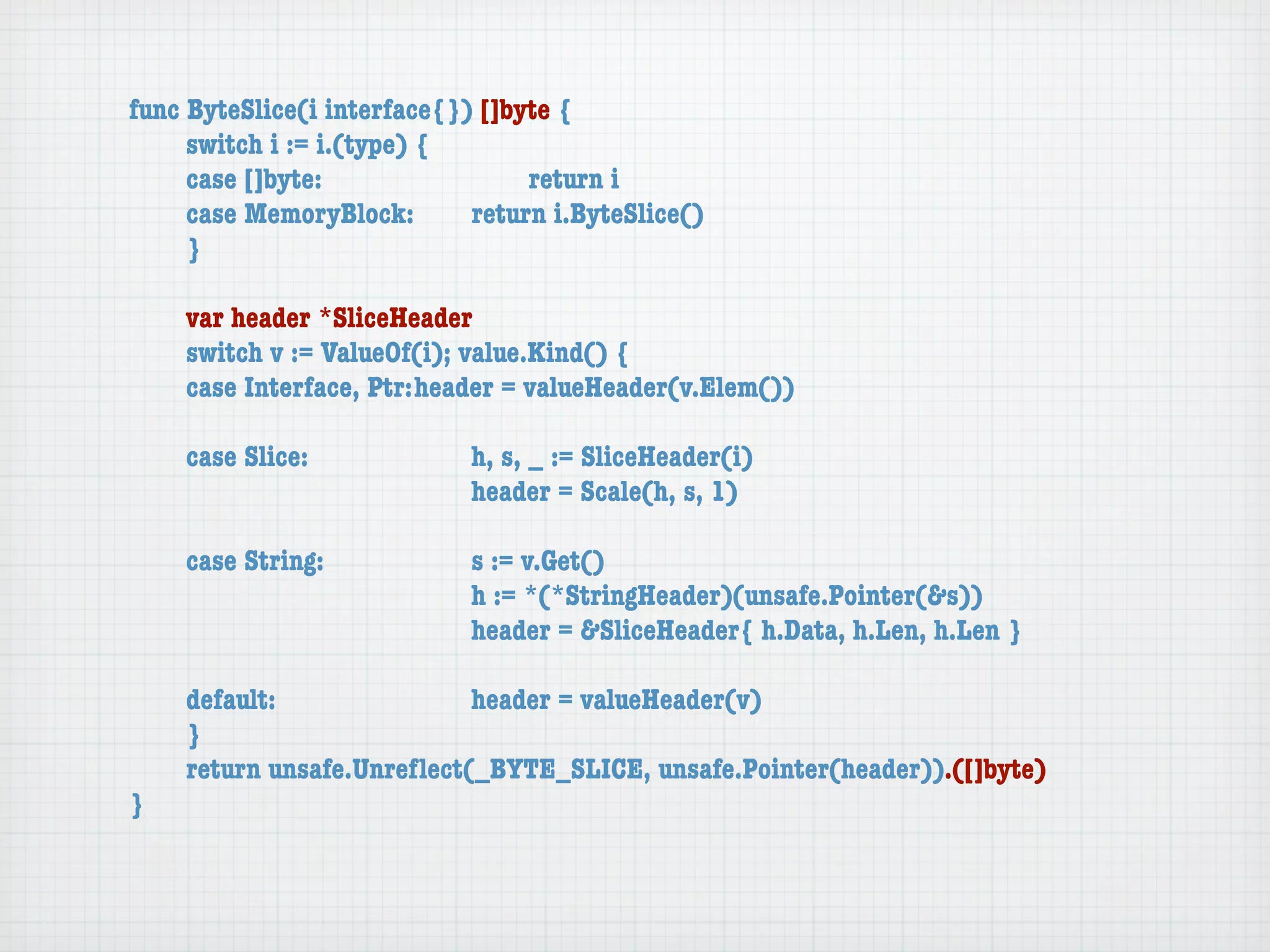 func ByteSlice(i interface{}) []byte {
	    switch i := i.(type) {
	    case []byte:	 	      	  	    return i
	    case MemoryBlock:	   	  return i.ByteSlice()
	    }

	   var header *SliceHeader
	   switch v := ValueOf(i); value.Kind() {
	   case Interface, Ptr:	header = valueHeader(v.Elem())

	   case Slice:	   	    	    h, s, _ := SliceHeader(i)
	   	    	    	    	    	    header = Scale(h, s, 1)

	   case String:	 	     	    s := v.Get()
	   	    	    	   	     	    h := *(*StringHeader)(unsafe.Pointer(&s))
	   	    	    	   	     	    header = &SliceHeader{ h.Data, h.Len, h.Len }

	   default:	 	   	   	    header = valueHeader(v)
	   }
	   return unsafe.Unreﬂect(_BYTE_SLICE, unsafe.Pointer(header)).([]byte)
}
 