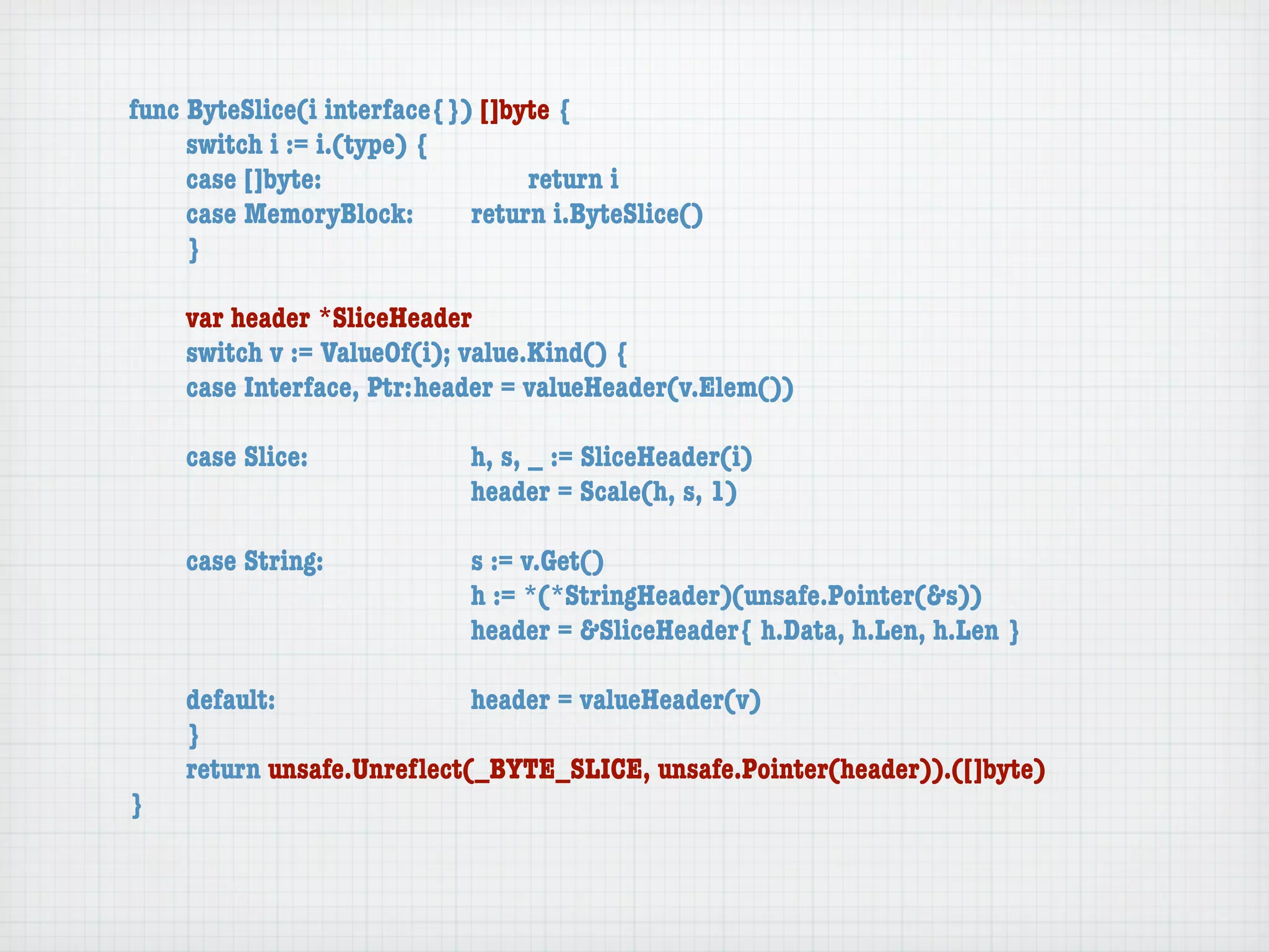func ByteSlice(i interface{}) []byte {
	    switch i := i.(type) {
	    case []byte:	 	      	  	    return i
	    case MemoryBlock:	   	  return i.ByteSlice()
	    }

	   var header *SliceHeader
	   switch v := ValueOf(i); value.Kind() {
	   case Interface, Ptr:	header = valueHeader(v.Elem())

	   case Slice:	   	    	    h, s, _ := SliceHeader(i)
	   	    	    	    	    	    header = Scale(h, s, 1)

	   case String:	 	     	    s := v.Get()
	   	    	    	   	     	    h := *(*StringHeader)(unsafe.Pointer(&s))
	   	    	    	   	     	    header = &SliceHeader{ h.Data, h.Len, h.Len }

	   default:	 	   	   	    header = valueHeader(v)
	   }
	   return unsafe.Unreﬂect(_BYTE_SLICE, unsafe.Pointer(header)).([]byte)
}
 