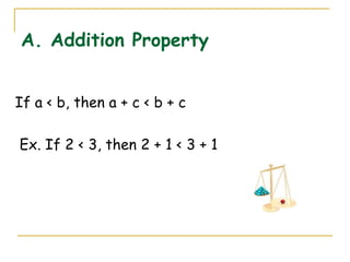 A. Addition Property If a < b, then a + c < b + c Ex. If 2 < 3, then 2 + 1 < 3 + 1 