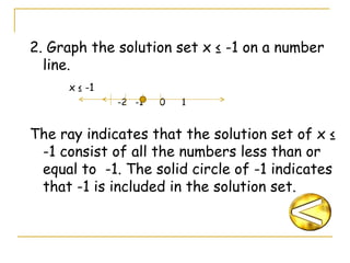 2. Graph the solution set x ≤ -1 on a number line. x ≤ -1   -2  -1  0  1 The ray indicates that the solution set of x ≤ -1 consist of all the numbers less than or equal to  -1. The solid circle of -1 indicates that -1 is included in the solution set. 