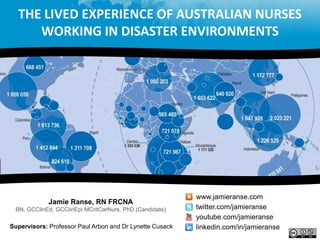 The lived experience of Australian nurses working in disaster environments  www.jamieranse.com Jamie Ranse, RN FRCNA BN, GCClinEd, GCClinEpiMCritCarNurs, PhD (Candidate) twitter.com/jamieranse youtube.com/jamieranse linkedin.com/in/jamieranse Supervisors: Professor Paul Arbon and Dr Lynette Cusack 