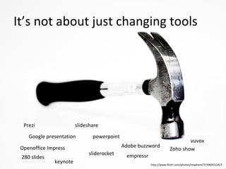 It’s not about just changing tools http://www.flickr.com/photos/nowhere77/3969151427 Google presentation sliderocket powerpoint Adobe buzzword keynote slideshare Prezi  Openoffice Impress 280 slides empressr  Zoho show vuvox 