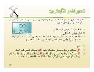 ‫ﺗﻌﻣﯾرات و ﻧﮕﮭداری:‬
‫ﻣﺜﺎل: داده ﮐﺎوي در ﭘﺎﯾﮕﺎه داده ﺗﻌﻤﯿﺮات و ﻧﮕﻬﺪاري ﺑﯿﻤﺎرﺳﺘﺎﻧﯽ ﺑﻪ ﻣﻨﻈﻮر ﭘﺸﺘﯿﺒﺎﻧﯽ‬
                                            ‫از ﺗﺼﻤﯿﻢ ﮔﯿﺮي ﻫﺎي ﻣﺪﯾﺮﯾﺘﯽ‬

                                                 ‫ﻫﺪف: درﺳﺖ ﮐﺮدن ﭘﺎﯾﮕﺎه داﻧﺶ‬        ‫‪‬‬
                                                           ‫اﺑﺰار: ﻗﻮاﻧﯿﻦ واﺑﺴﺘﮕﯽ‬   ‫‪‬‬
     ‫داده ﻫﺎ: ﻧﺎم دﺳﺘﮕﺎه، دﺳﺘﻪ ﻣﺮﺑﻮط ﺑﻪ دﺳﺘﮕﺎه، ﻧﺎم ﺑﺨﺸﯽ ﮐﻪ دﺳﺘﮕﺎه در آن ﺑﻮده،‬     ‫‪‬‬
                    ‫ﺗﻌﺪاد وﺳﺎﯾﻞ ارﺟﺎﻋﯽ، ﻣﺪت ﺗﻌﻤﯿﺮ، ﻧﻮع ﺧﺮاﺑﯽ، وﺿﻌﯿﺖ ﺗﻌﻤﯿﺮ و..‬

                                                                          ‫ﻧﺘﺎﯾﺞ:‬   ‫‪‬‬
                                 ‫آﻧﮕﺎه‬                                     ‫اﮔﺮ‬
                    ‫اﮔﺮ‬                                                    ‫اﮔﺮ‬
                                    ‫آﻧﮕﺎه‬

‫53‬
 