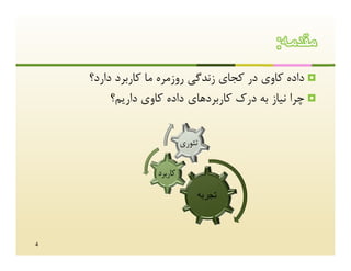 ‫ﻣﻘدﻣﮫ:‬
    ‫‪ ‬داده ﮐﺎوي در ﮐﺠﺎي زﻧﺪﮔﯽ روزﻣﺮه ﻣﺎ ﮐﺎرﺑﺮد دارد؟‬
         ‫‪ ‬ﭼﺮا ﻧﯿﺎز ﺑﻪ درك ﮐﺎرﺑﺮدﻫﺎي داده ﮐﺎوي دارﯾﻢ؟‬




‫4‬
 