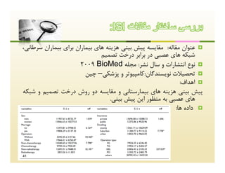 ‫ﺑررﺳﯽ ﺳﺎﺧﺗﺎر ﻣﻘﺎﻻت ‪:ISI‬‬
‫‪ ‬ﻋﻨﻮان ﻣﻘﺎﻟﻪ: ﻣﻘﺎﯾﺴﻪ ﭘﯿﺶ ﺑﯿﻨﯽ ﻫﺰﯾﻨﻪ ﻫﺎي ﺑﯿﻤﺎران ﺑﺮاي ﺑﯿﻤﺎران ﺳﺮﻃﺎﻧﯽ،‬
                               ‫ﺷﺒﮑﻪ ﻫﺎي ﻋﺼﺒﯽ در ﺑﺮاﺑﺮ درﺧﺖ ﺗﺼﻤﯿﻢ‬
                       ‫‪ ‬ﻧﻮع اﻧﺘﺸﺎرات و ﺳﺎل ﻧﺸﺮ: ﻣﺠﻠﻪ ‪2009 BioMed‬‬
                         ‫‪ ‬ﺗﺤﺼﯿﻼت ﻧﻮﯾﺴﻨﺪﮔﺎن:ﮐﺎﻣﭙﯿﻮﺗﺮ و ﭘﺰﺷﮑﯽ– ﭼﯿﻦ‬
                                                             ‫‪ ‬اﻫﺪاف:‬
‫ﭘﯿﺶ ﺑﯿﻨﯽ ﻫﺰﯾﻨﻪ ﻫﺎي ﺑﯿﻤﺎرﺳﺘﺎﻧﯽ و ﻣﻘﺎﯾﺴﻪ دو روش درﺧﺖ ﺗﺼﻤﯿﻢ و ﺷﺒﮑﻪ‬
                                  ‫ﻫﺎي ﻋﺼﺒﯽ ﺑﻪ ﻣﻨﻈﻮر اﯾﻦ ﭘﯿﺶ ﺑﯿﻨﯽ.‬
                                                           ‫‪ ‬داده ﻫﺎ:‬




‫14‬
 