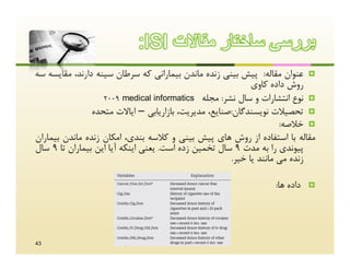 ‫ﺑررﺳﯽ ﺳﺎﺧﺗﺎر ﻣﻘﺎﻻت ‪:ISI‬‬
‫‪ ‬ﻋﻨﻮان ﻣﻘﺎﻟﻪ: ﭘﯿﺶ ﺑﯿﻨﯽ زﻧﺪه ﻣﺎﻧﺪن ﺑﯿﻤﺎراﻧﯽ ﮐﻪ ﺳﺮﻃﺎن ﺳﯿﻨﻪ دارﻧﺪ، ﻣﻘﺎﯾﺴﻪ ﺳﻪ‬
                                                            ‫روش داده ﮐﺎوي‬
                   ‫‪ ‬ﻧﻮع اﻧﺘﺸﺎرات و ﺳﺎل ﻧﺸﺮ: ﻣﺠﻠﻪ ‪2009 medical informatics‬‬
                ‫‪ ‬ﺗﺤﺼﯿﻼت ﻧﻮﯾﺴﻨﺪﮔﺎن:ﺻﻨﺎﯾﻊ، ﻣﺪﯾﺮﯾﺖ، ﺑﺎزارﯾﺎﺑﯽ – اﯾﺎﻻت ﻣﺘﺤﺪه‬
                                                                    ‫‪ ‬ﺧﻼﺻﻪ:‬
‫ﻣﻘﺎﻟﻪ ﺑﺎ اﺳﺘﻔﺎده از روش ﻫﺎي ﭘﯿﺶ ﺑﯿﻨﯽ و ﮐﻼﺳﻪ ﺑﻨﺪي، اﻣﮑﺎن زﻧﺪه ﻣﺎﻧﺪن ﺑﯿﻤﺎران‬
‫ﭘﯿﻮﻧﺪي را ﺑﻪ ﻣﺪت 9 ﺳﺎل ﺗﺨﻤﯿﻦ زده اﺳﺖ. ﯾﻌﻨﯽ اﯾﻨﮑﻪ آﯾﺎ اﯾﻦ ﺑﯿﻤﺎران ﺗﺎ 9 ﺳﺎل‬
                                                      ‫زﻧﺪه ﻣﯽ ﻣﺎﻧﻨﺪ ﯾﺎ ﺧﯿﺮ.‬

                                                                ‫داده ﻫﺎ:‬   ‫‪‬‬




‫34‬
 