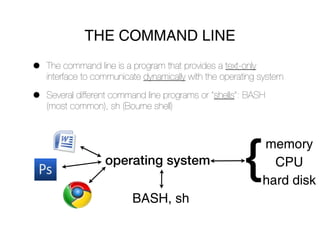 THE COMMAND LINE

•   The command line is a program that provides a text-only
    interface to communicate dynamically with the operating system

•   Several different command line programs or “shells”: BASH
    (most common), sh (Bourne shell)




                                                        {
                                                            memory
                   operating system                           CPU
                                                            hard disk
                          BASH, sh
 