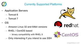 Currently Supported PlatformsApplication ServersTomcat 6Tomcat 7OSAmazon Linux 32 and 64bit versionsRHEL / CentOS basedbinary compatibility with RHEL 5Only interesting if you intend to use SSHcraigsdickson.com