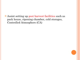Assist setting up  post harvest facilities  such as pack house, ripening chamber, cold storages, Controlled Atmosphere (CA)  