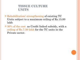 TISSUE CULTURE UNITS Rehabilitation/ strengthening  of existing TC Units subject to a maximum ceiling of Rs.15.00 lakh 50% of the cost   as Credit linked subsidy, with a  ceiling of Rs.7.50 lakh  for the TC units in the Private sector. 