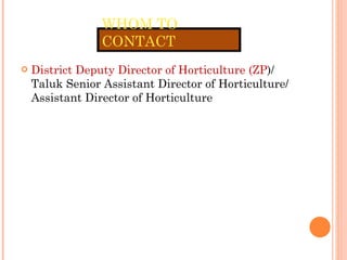 District Deputy Director of Horticulture (ZP )/ Taluk Senior Assistant Director of Horticulture/ Assistant Director of Horticulture WHOM TO CONTACT 