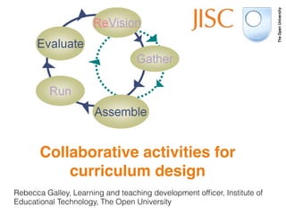 Collaborative activities for
           curriculum design
Rebecca Galley, Learning and teaching development ofﬁcer, Institute of
Educational Technology, The Open University
 