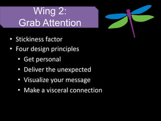 Wing 2:
  Grab Attention
• Stickiness factor
• Four design principles
   • Get personal
   • Deliver the unexpected
   • Visualize your message
   • Make a visceral connection
 