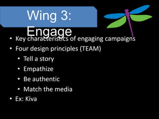 Wing 3:
     Engageof engaging campaigns
• Key characteristics
• Four design principles (TEAM)
   • Tell a story
   • Empathize
   • Be authentic
   • Match the media
• Ex: Kiva
 