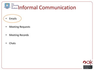 Informal Communication
• Emails

• Meeting Requests

• Meeting Records

• Chats
 