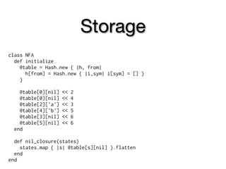 Storage
class NFA
  def initialize
    @table = Hash.new { |h, from|
      h[from] = Hash.new { |i,sym| i[sym] = [] }
    }

    @table[0][nil]   <<   2
    @table[0][nil]   <<   4
    @table[2]['a']   <<   3
    @table[4]['b']   <<   5
    @table[3][nil]   <<   6
    @table[5][nil]   <<   6
  end

  def nil_closure(states)
    states.map { |s| @table[s][nil] }.flatten
  end
end
 