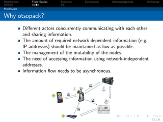 Introduction       Triple Spaces   Scenarios   Conclusions   Acknowledgments   References

Middleware


Why otsopack?
               Diﬀerent actors concurrently communicating with each other
               and sharing information.
               The amount of required network dependent information (e.g.
               IP addresses) should be maintained as low as possible.
               The management of the mutability of the nodes.
               The need of accessing information using network-independent
               addresses.
               Information ﬂow needs to be asynchronous.




                                                                                   12 / 26
 