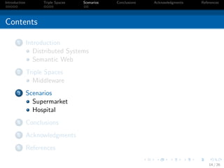 Introduction         Triple Spaces   Scenarios   Conclusions   Acknowledgments   References




Contents

       1       Introduction
                  Distributed Systems
                  Semantic Web
       2       Triple Spaces
                 Middleware
       3       Scenarios
                 Supermarket
                 Hospital
       4       Conclusions
       5       Acknowledgments
       6       References

                                                                                     14 / 26
 
