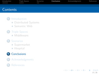 Introduction         Triple Spaces   Scenarios   Conclusions   Acknowledgments   References




Contents

       1       Introduction
                  Distributed Systems
                  Semantic Web
       2       Triple Spaces
                 Middleware
       3       Scenarios
                 Supermarket
                 Hospital
       4       Conclusions
       5       Acknowledgments
       6       References

                                                                                     17 / 26
 