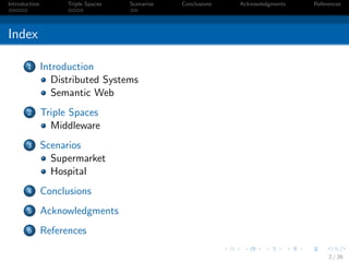 Introduction         Triple Spaces   Scenarios   Conclusions   Acknowledgments   References




Index

       1       Introduction
                  Distributed Systems
                  Semantic Web
       2       Triple Spaces
                 Middleware
       3       Scenarios
                 Supermarket
                 Hospital
       4       Conclusions
       5       Acknowledgments
       6       References

                                                                                      2 / 26
 