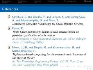 Introduction       Triple Spaces   Scenarios   Conclusions   Acknowledgments   References




References

               Castillejo, E. and Ordu˜a, P. and Laiseca, X. and G´mez-Goiri,
                                      n                           o
               A. and L´pez-de-Ipi˜a, D. and F´
                         o         n            ınez, S.
               Distributed Semantic Middleware for Social Robotic Services
               Fensel, D.
               Triple Space computing: Semantic web services based on
               persistent publication of information
               In: Intelligence in Communication Systems, pp. 43-53. Springer
               Berlin / Heidelberg (2004)
               Nixon, L.J.B. and Simpler, E. and Krummenacher, R. and
               Martin-Recuerda, F.
               Tuplespace-based computing for the semantic web: A survey of
               the state-of-the-art.
               In: The Knowledge Engineering Review. Vol. 23, Num. 2, pp.
               181-212. Cambridge Univ Press (2008)
                                                                                   22 / 26
 
