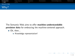 Introduction   Triple Spaces   Scenarios    Conclusions   Acknowledgments   References

Semantic Web


Why?




       The Semantic Web aims to oﬀer machine-understandable
       persisten data for embracing the machine-centered approach.
           Ok, then...
                Knowledge representation!




                                                                                 7 / 26
 