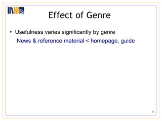 Effect of Genre  Usefulness varies significantly by genre News & reference material < homepage, guide 