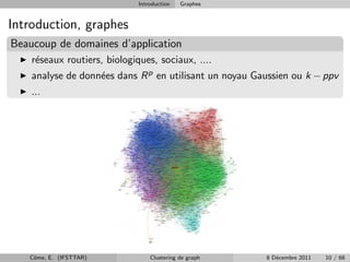 Introduction   Graphes


Introduction, graphes
Beaucoup de domaines d’application
    r´seaux routiers, biologiques, sociaux, ....
     e
    analyse de donn´es dans R p en utilisant un noyau Gaussien ou k − ppv
                   e
    ...




   Cˆme, E. (IFSTTAR)
    o                             Clustering de graph   8 D´cembre 2011
                                                           e              10 / 68
 