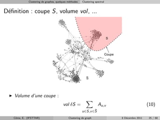 Clustering de graphes, quelques m´thodes
                                              e         Clustering spectral


D´ﬁnition : coupe S, volume vol, ...
 e



                                                                              S




                                                                              Coupe




                                                           S




    Volume d’une coupe :
                                         vol δS =                    Au,v                               (10)
                                                               ¯
                                                        u∈S,v ∈S
   Cˆme, E. (IFSTTAR)
    o                                        Clustering de graph                      8 D´cembre 2011
                                                                                         e               25 / 68
 