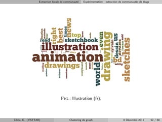 Extraction locale de communaut´
                                               e   Exp´rimentation : extraction de communaut´s de blogs
                                                      e                                     e




                                  Fig.: Illustration (fr).



Cˆme, E. (IFSTTAR)
 o                                      Clustering de graph                       8 D´cembre 2011
                                                                                     e                    52 / 68
 