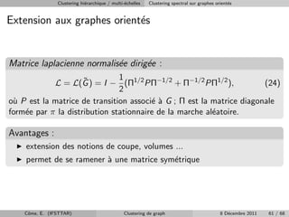 Clustering hi´rarchique / multi-´chelles
                             e                  e          Clustering spectral sur graphes orient´s
                                                                                                 e


Extension aux graphes orient´s
                            e


Matrice laplacienne normalis´e dirig´e :
                            e       e
                               1
            L = L(G ) = I − (Π1/2 PΠ−1/2 + Π−1/2 PΠ1/2 ),
                     ˜                                                 (24)
                               2
o` P est la matrice de transition associ´ ` G ; Π est la matrice diagonale
 u                                      ea
form´e par π la distribution stationnaire de la marche al´atoire.
    e                                                    e

Avantages :
    extension des notions de coupe, volumes ...
    permet de se ramener ` une matrice sym´trique
                         a                e




    Cˆme, E. (IFSTTAR)
     o                                          Clustering de graph                          8 D´cembre 2011
                                                                                                e              61 / 68
 