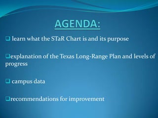  learn what the STaR Chart is and its purpose


explanation of the Texas Long-Range Plan and levels of
progress

 campus data


recommendations for improvement
 