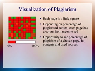 Visualization of Plagiarism
                  ●   Each page is a little square
                  ●   Depending on percentage of
                      plagiarised content each page has
                      a colour from green to red
                  ●   Opportunity to see percentage of
                      plagiaism of a chosen page, its
0%         100%       contents and used sources
 
