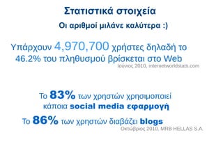 Στατιστικά στοιχεία
          Οι αριθμοί μιλάνε καλύτερα :)

Υπάρχουν 4,970,700 χρήστες δηλαδή το
 46.2% του πληθυσμού βρίσκεται στο Web
                         Ιούνιος 2010, internetworldstats.com




      Το 83% των χρηστών χρησιμοποιεί
       κάποια social media εφαρμογή
  Το 86% των χρηστών διαβάζει blogs
                          Οκτώβριος 2010, MRB HELLAS S.A.
 