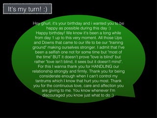 Hey ghurl, it's your birthday and i wanted you to be happy as possible during this day :) Happy birthday! We know it's been a long while from day 1 up to this very moment. All those Ups and Downs that came to our life to be our "training ground" making ourselves stronger. I admit that I've been a selfish one not for some time but "most of the time" BUT it doesn't prove "love is blind" but rather "love isn't blind, it sees but it doesn't mind". For this I wanna thank you for HANDLING our relationship strongly and firmly. Thank you for being considerate enough when I can't control my tantrums which I know that hurt you most. Thank you for the continuous love, care and affection you are giving to me. You know whenever I'm discouraged you know just what to do :)  It's my turn! :) 