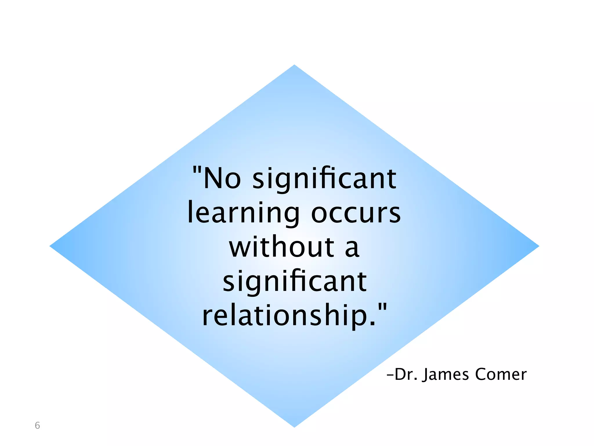 "No signiﬁcant
    learning occurs
        without a
        signiﬁcant
      relationship."
                  –Dr. James Comer


6
 