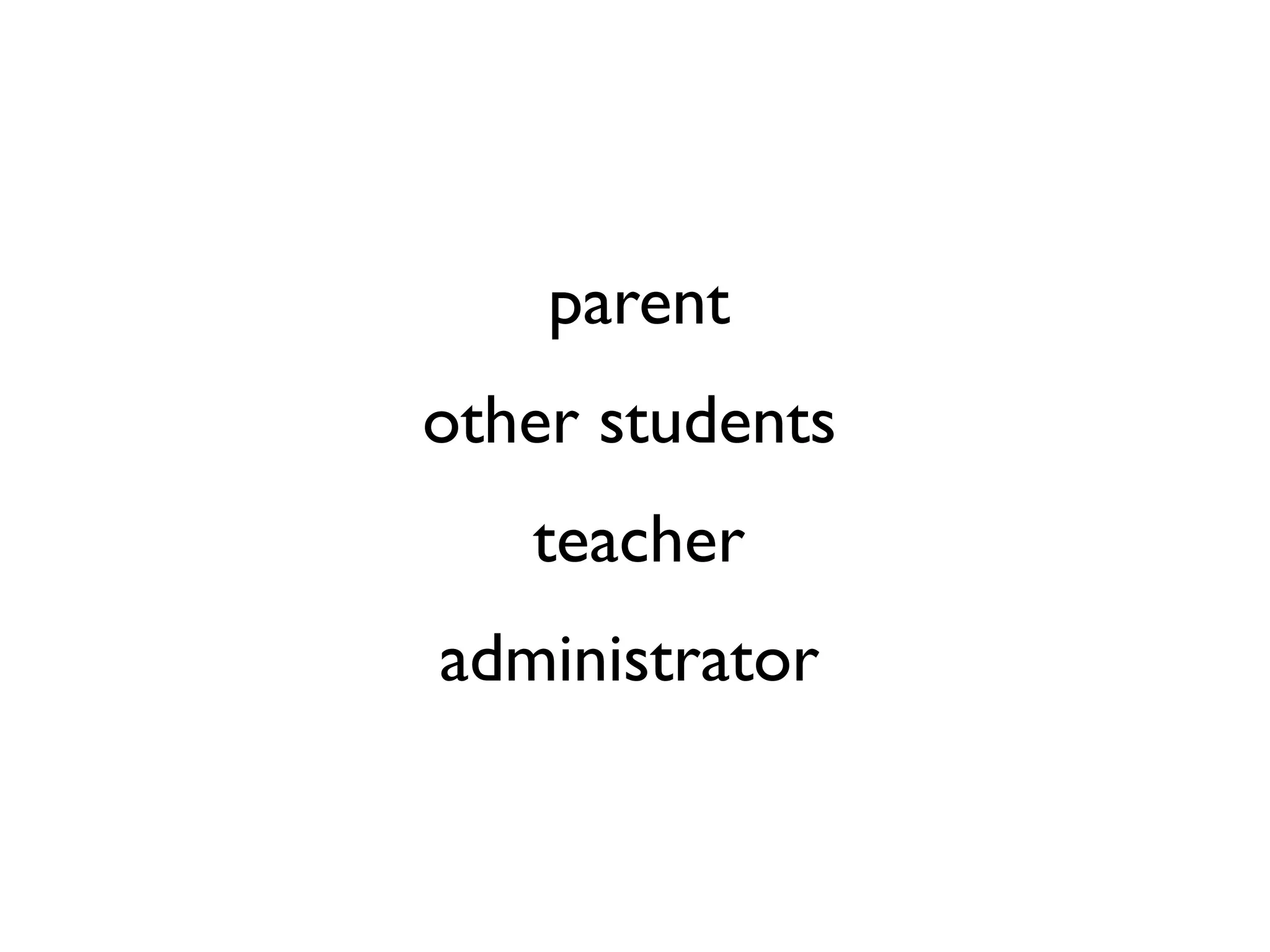 1.       parent
2.   other students
3.      teacher
4.   administrator
 