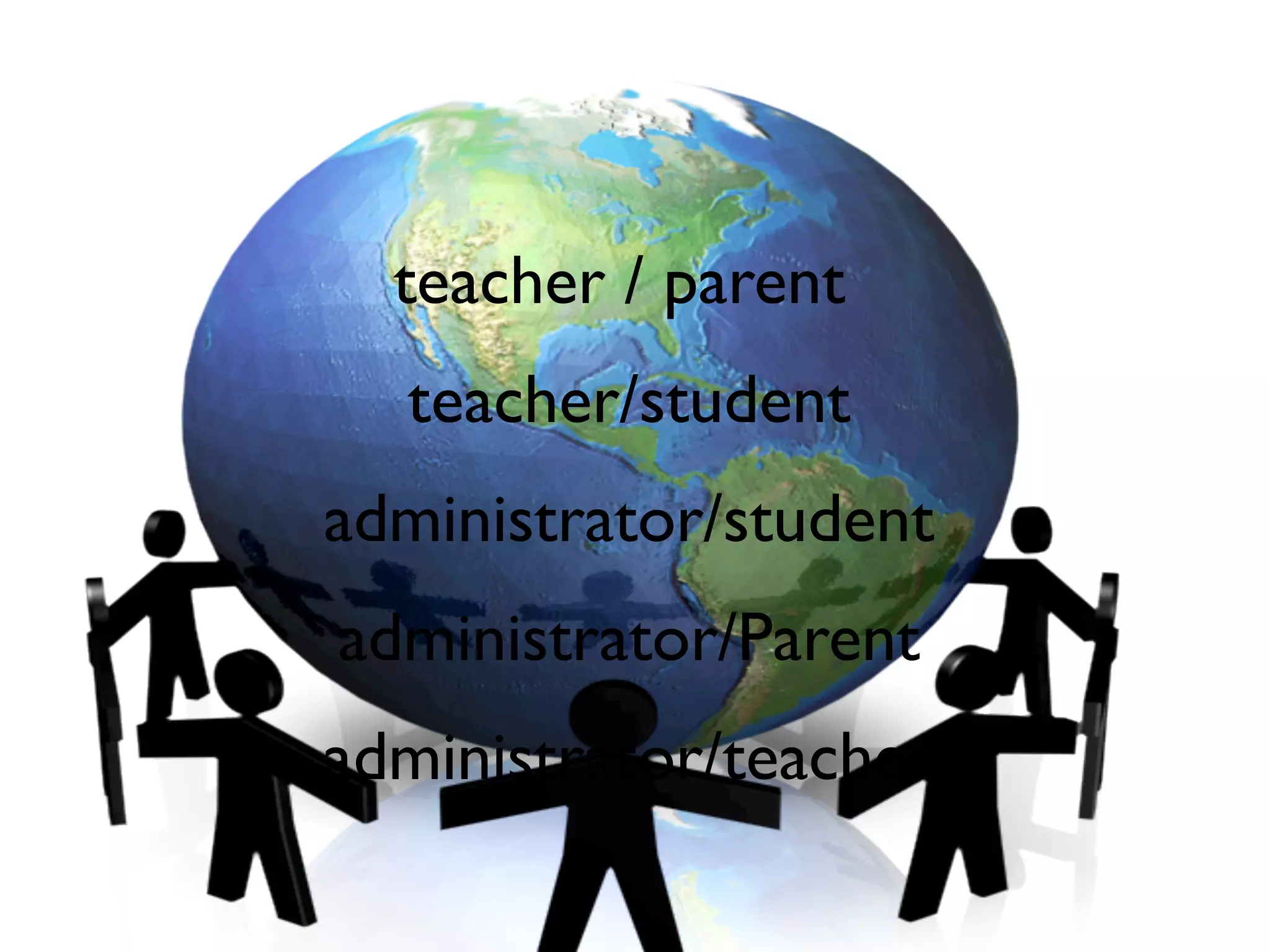 teacher / parent
  teacher/student
administrator/student
administrator/Parent
administrator/teacher
 