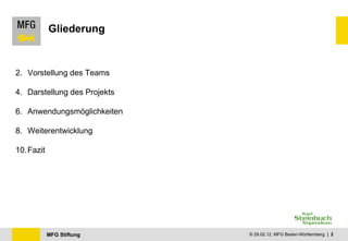 Gliederung Vorstellung des Teams Darstellung des Projekts Anwendungsmöglichkeiten  Weiterentwicklung Fazit 