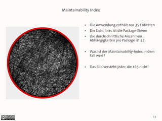 Maintainability Index


            ●   Die Anwendung enthält nur 35 Entitäten
            ●   Die Sicht links ist die Package-Ebene
            ●   Die durchschnittliche Anzahl von
                Abhängigkeiten pro Package ist 35

            ●   Was ist der Maintainability-Index in dem
                Fall wert?

            ●   Das Bild versteht jeder, die 165 nicht!




                                                          13
 