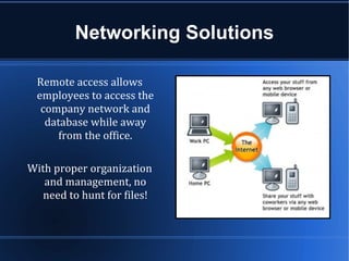 Networking Solutions

 Remote access allows
 employees to access the
  company network and
   database while away
      from the office.

With proper organization
   and management, no
   need to hunt for files!
 