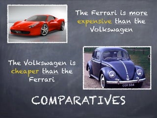 The Ferrari is more
                expensive than the
                    Volkswagen




The Volkswagen is
 cheaper than the
     Ferrari


     COMPARATIVES
 