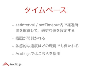 タイムベース
• setInterval / setTimeout内で経過時
 間を取得して、適切な値を設定する

• 描画が間引かれる
• 体感的な速度はどの環境でも保たれる
• Arctic.jsではこちらを採用
 