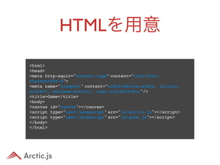 HTMLを用意
<html>
<head>
<meta http-equiv="content-type" content="text/html;
charset=UTF-8">
<meta name="viewport" content="width=device-width, initial-
scale=1, maximum-scale=1, user-scalable=no;"/>
<title>Game</title>
<body>
<canvas id="canvas"></canvas>
<script type="text/javascript" src="js/arctic.js"></script>
<script type="text/javascript" src="js/game.js"></script>
</body>
</html>
 