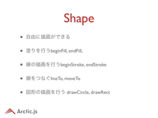 Shape
•   自由に描画ができる


•   塗りを行うbeginFill, endFill,


•   線の描画を行うbeginStroke, endStroke


•   線をつなぐlineTo, moveTo


•   図形の描画を行う drawCircle, drawRect
 